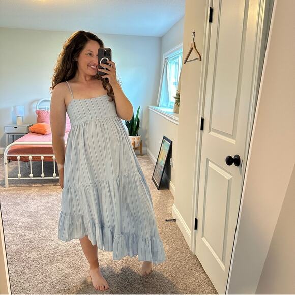 Frame Blue Striped Cotton Hemp Asymmetric Maxi Dress Small - Picture 4 of 13